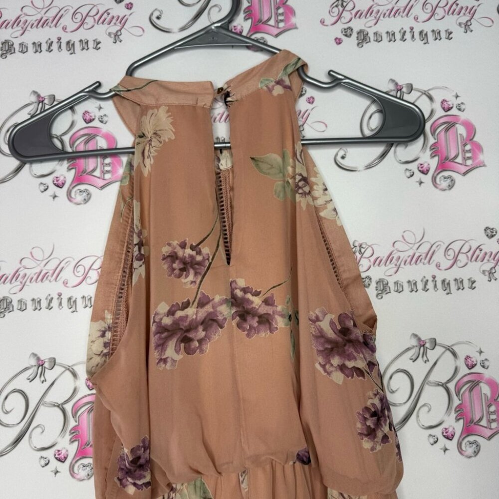Sienna sky dress tan floral crochet boho long maxi leg slit on one side sexy - Picture 5 of 13